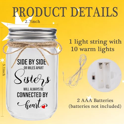 Sister Gifts Mason Jar Night Light – Side by Side or Miles Apart, Sisters Connected by Heart (Variation: Sisters)