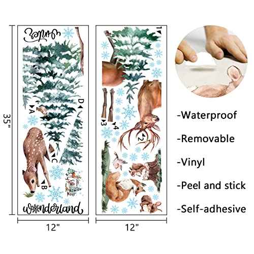 Mfault Winter Christmas Forest Deer Wall Decals Stickers, Xmas Wonderland Pine Tree Animals Elk Squirrel Rabbit Nursery Christmas Decorations Kids Bedroom Art, Snowflakes Baby Boys Girls Room Decor