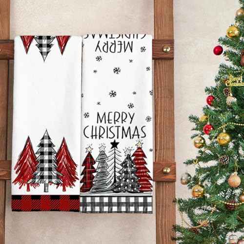 Buffalo Plaid Christmas Kitchen Towels 16x24 Inch Red Black Hand Towels for Kitchen,Christmas Decorations for Bathroom,Festive Holiday Dish Cloths for Xmas Winter Home Indoor Decor Set of 4