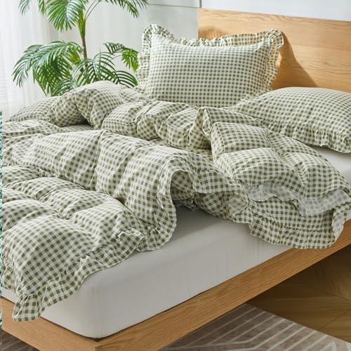 Kisswish Sage Green Queen Gingham Duvet Cover Set with Pillow Shams, Vintage Farmhouse Style