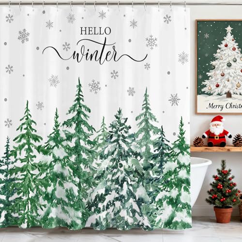 Mocsicka Winter Christmas Shower Curtain 72 x 72 in – Snow Scene Pine Trees, Waterproof Polyester