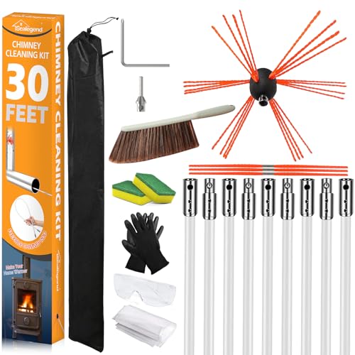 30FT Chimney Sweep Kit Rotary Flexible Cleaning Brush with 9 Nylon Rods