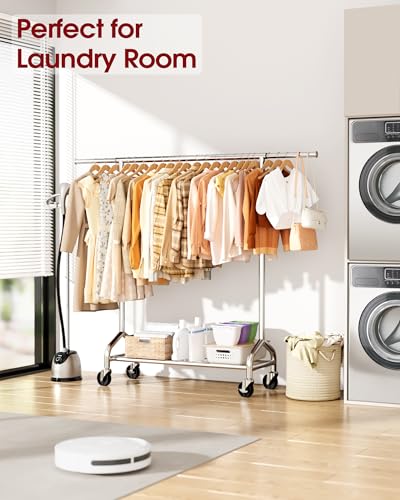Extendable Stainless Steel Clothes Rack - Silver, 49.8 to 74.8 Inches, with Casters and Bottom Shelf