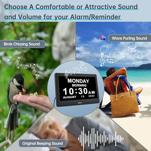 12” Black Digital Dementia Clock for Seniors with 20 Alarms & Auto Dimming