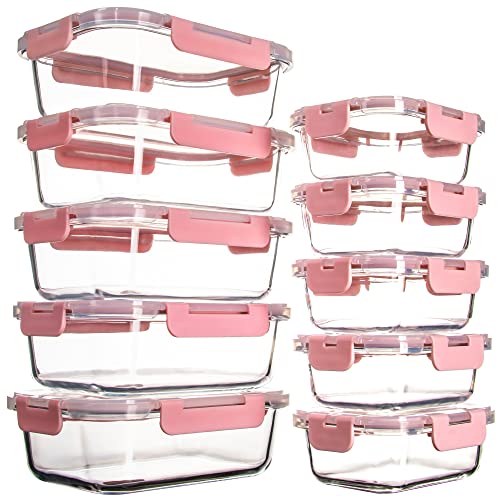 Pink Glass Food Storage Containers Set - Leakproof & Airtight, 10 Pack with Lids