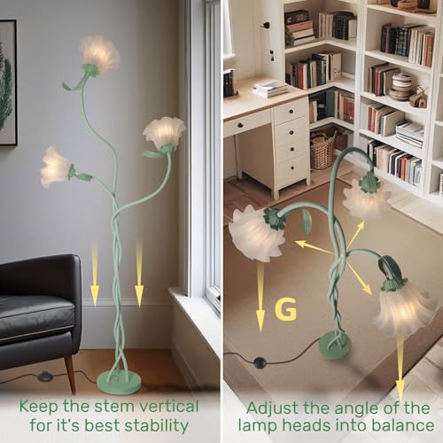 Loxphyn Green Flower Floor Lamp with 3 Adjustable Heads & 3 Color Temp, Modern LED Reading Light