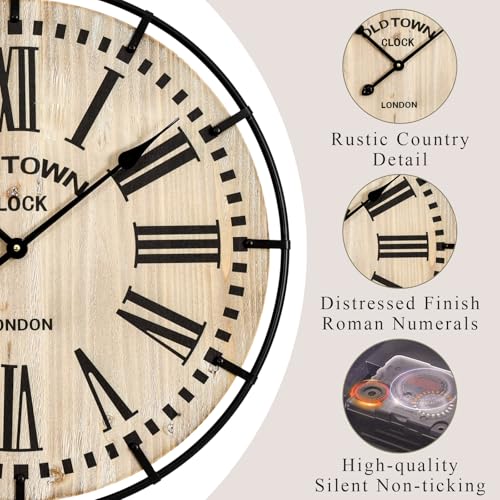 Large Rustic Farmhouse Wall Clock 24 Inch with Silent Movement - Brown / Black Numerals