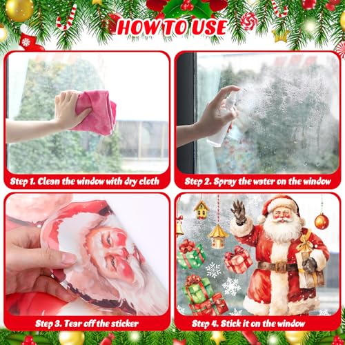 DERAYEE Christmas Window Clings 4 Sheets - Extra Large Double-Sided Santa, Snowman & Tree Decals