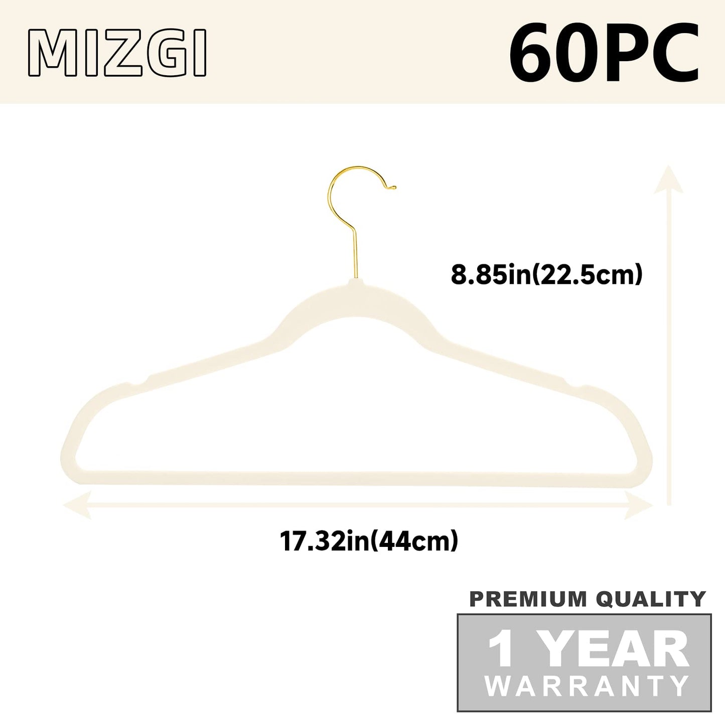 MIZGI Premium Velvet Hangers Pack 60 Pcs Heavyduty - Non Slip Slimline - Velvet Suit Hangers Ivory - Gold Hooks,Space Saving Clothes Hangers