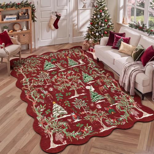Garvee 5x7 Christmas Rug - Red, Non-Slip Backing, Machine Washable
