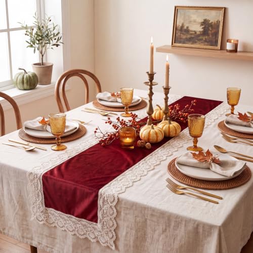 Flutesan Burgundy Velvet Lace Table Runner 20x70 Inch | Victoria Christmas Wedding Decor
