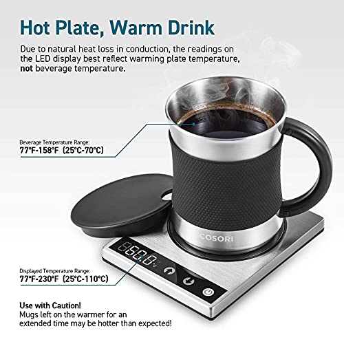 Cosori Silver & Black Coffee Mug Warmer & Mug Set - Precise 1°F Temperature Control