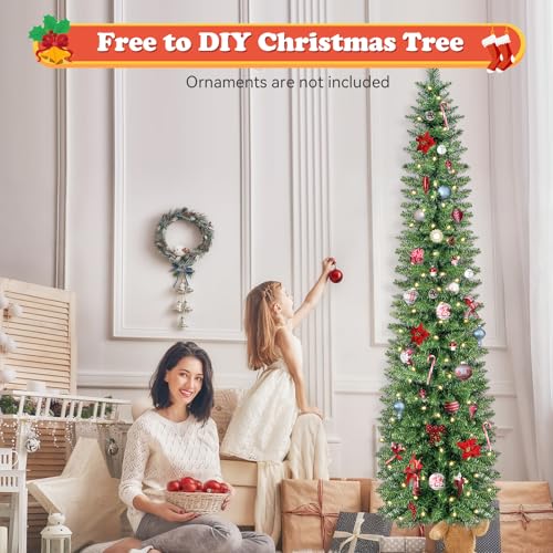 Kungfuking 7ft Green Artificial Christmas Tree Pre-Lit with Warm Lights - Slim Xmas Tree