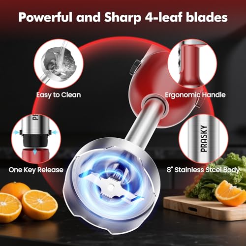 Prasky Red 1200W Handheld Immersion Blender 20-Speed 5-in-1 Kitchen Mixer
