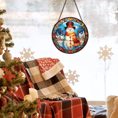 CVJUTF Snowman Suncatcher - 7.9in Stained Glass Window Hanging Decor (Snowman Variant)