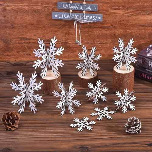 16 Pcs 3D Snowflake Christmas Table Decorations, Wooden White Winter Snowflake Christmas Decor Tabletop Centerpiece Signs for Xmas Festival Home Party Decoration (3 Sizes)