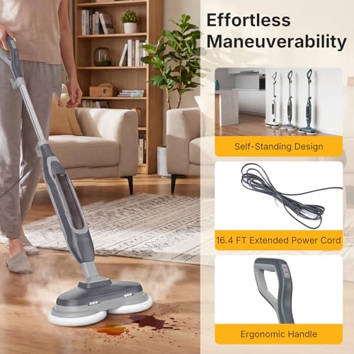 NEWBULIG Modern Grey Spin Steam Mop with 4 Cleaning Modes, LED Headlights & Large Water Tank - 14.4" x 6.6" x 47.2"