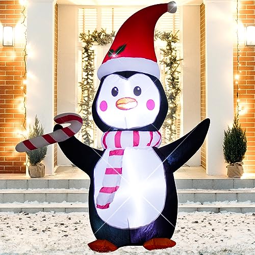 AJY 4FT Inflatable Christmas Penguin with Candy Cane & LED Lights - Holiday Yard Decor