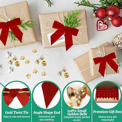 20PCS Velvet Bows Christmas Tree Decorations, 20PCS Jingle Bells & Twist Tie Bows for Crafts, Velvet Ribbon Christmas Bow for Gift Wrapping, Xmas Wreaths Garland, Wedding, Home Decors (Red)