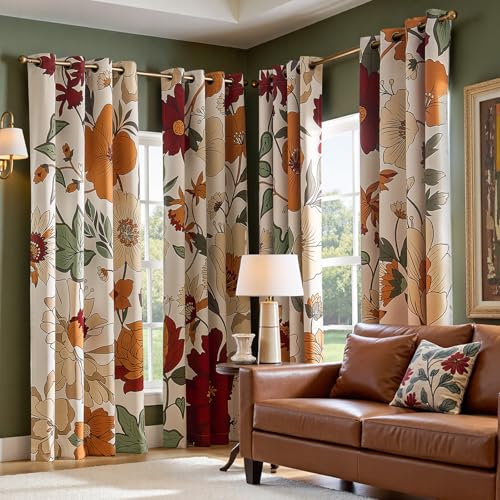 Boho Floral Blackout Curtains 84 Inch Grommet 4 Panels - Orange / Red / 50"W x 84"L