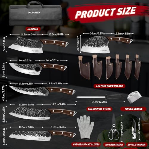 MDHAND Butcher Knife Set with Roll Bag - Black - 18-in-1 Professional Meat Preparation Kit