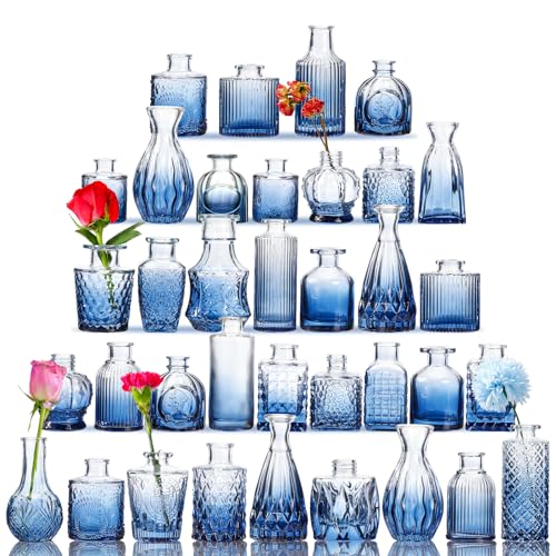 Fixwal Blue Bud Vases Set of 36 – Small Glass Flower Vases for Flowers & Decor
