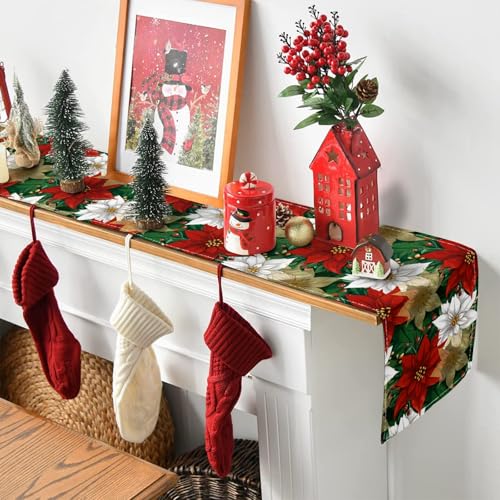 PROCIDA 13x90 Inch Poinsettia Christmas Table Runner - Burlap Red/Green Holiday Decor