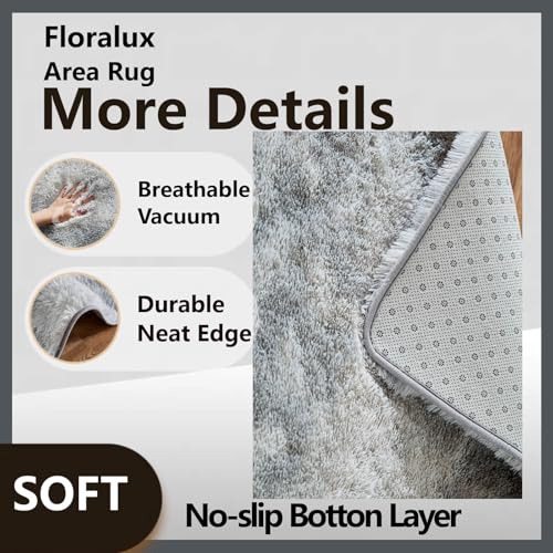 Tie-Dyed Light Grey Shag Area Rug 6x9 - Soft Fluffy Carpet for Living Room & Bedroom