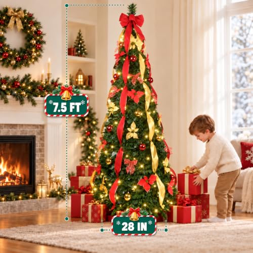 ANTSJU 7.5Ft Prelit Collapsible Artificial Christmas Tree with Warm White Lights - Green, Foldable Holiday Decor