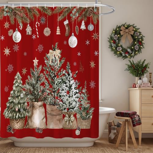 Baccessor Christmas Shower Curtain 72x72 Inches Red Pine Tree Holiday Bathroom Decor