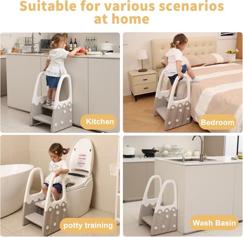 Gray Two Step Stool with Handrails for Toddler & Kids, Learning Tower for Bathroom & Potty Training