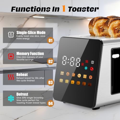 WUNLY Smart Touchscreen Toaster with Wide Slots & Memory - Silver