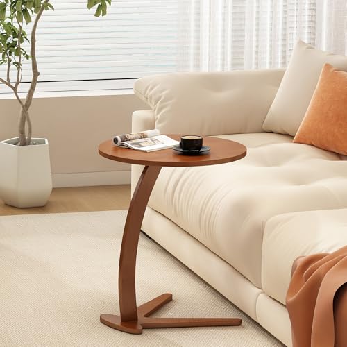 17-Inch Natural Wood C-Shaped Couch End Table - Slide Under Sofa, Rustic Finish