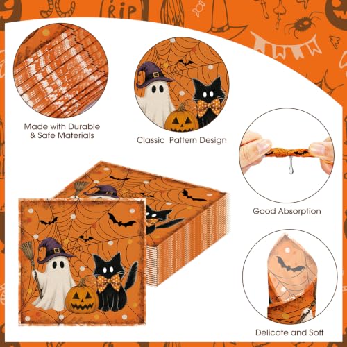 Litmitfu Halloween 40-Count Napkins (6.5 in) Orange Ghost Cat Pumpkin – Disposable Cocktail Dinner Napkins, Party Supplies, Variation: Halloween