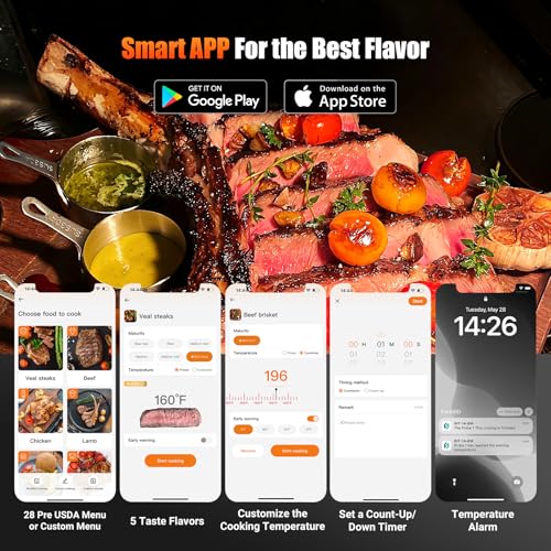 Wireless Meat Thermometer with 4 Probes, WiFi & Bluetooth, LCD Display, Waterproof, Black