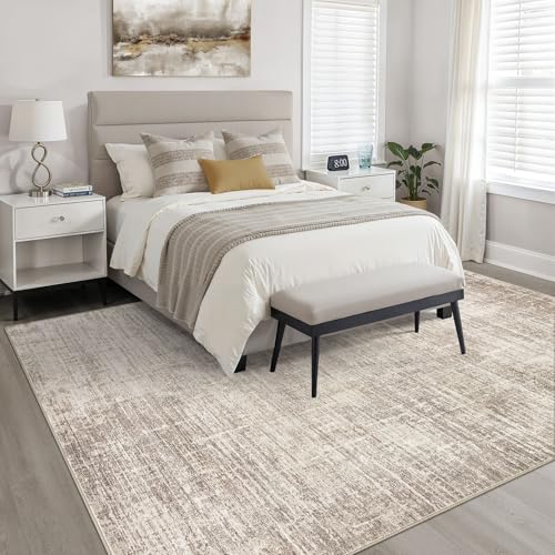 Abstract Brown Washable Area Rug 8x10 for Living Room - Neutral Modern Design
