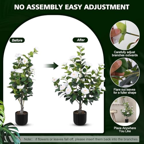 Artificial Camellia Trees in Pot - White, Medium - Indoor & Outdoor Decor, 2 Pack