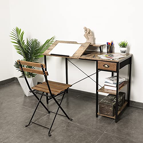 X-cosrack Rustic Brown Adjustable Drafting Table with Storage Drawer & Monitor Stand