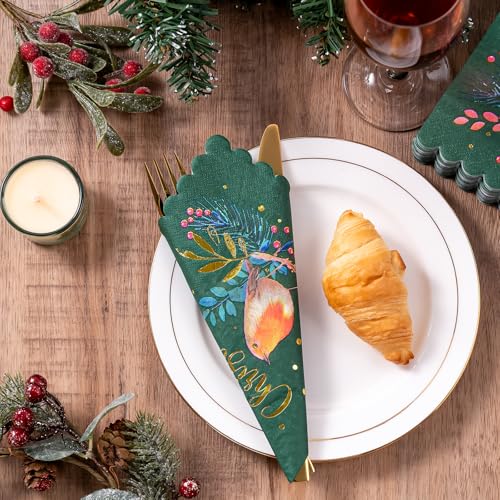 Christmas Paper Napkins 50-Pack, 3-Ply Holiday Bird & Merry Christmas Design