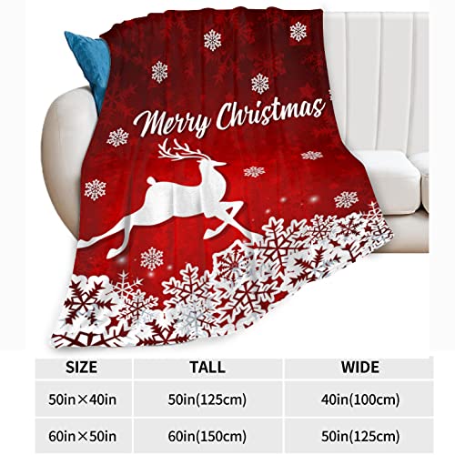 Merry Christmas Red Flannel Fleece Throw Blanket 60x80in with Snowflake Reindeer Print - White
