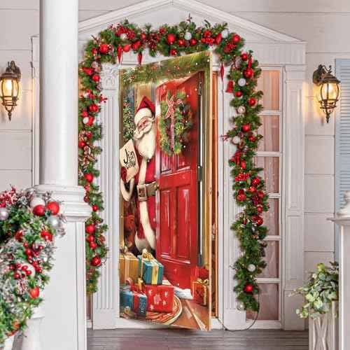 CCINEE Christmas Door Cover Decoration - Xmas Santa Claus Window Door Cover Hanging Banner Background for Front Door Christmas Party Supply