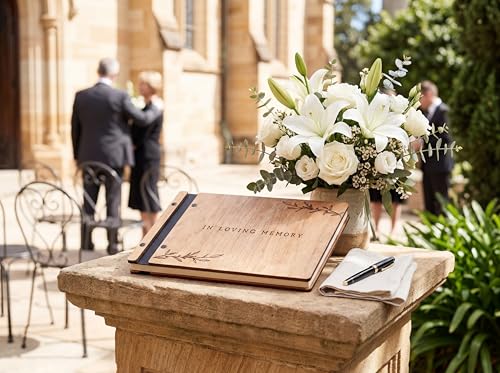 Funeral Guest Book with Pen - Memory Wooden Memorial Book for Funeral Service