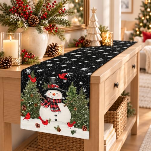 Black Snowman Xmas Tree Christmas Table Runner 13x72in Birds Snowflakes