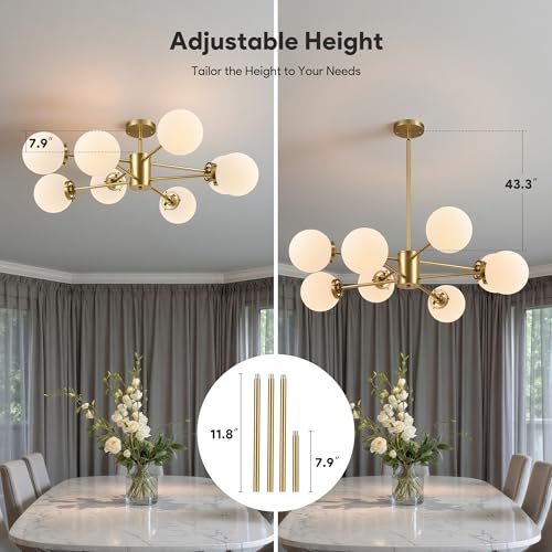 Gold 8-Light Sputnik Chandelier Frosted Glass Ceiling Light Fixture