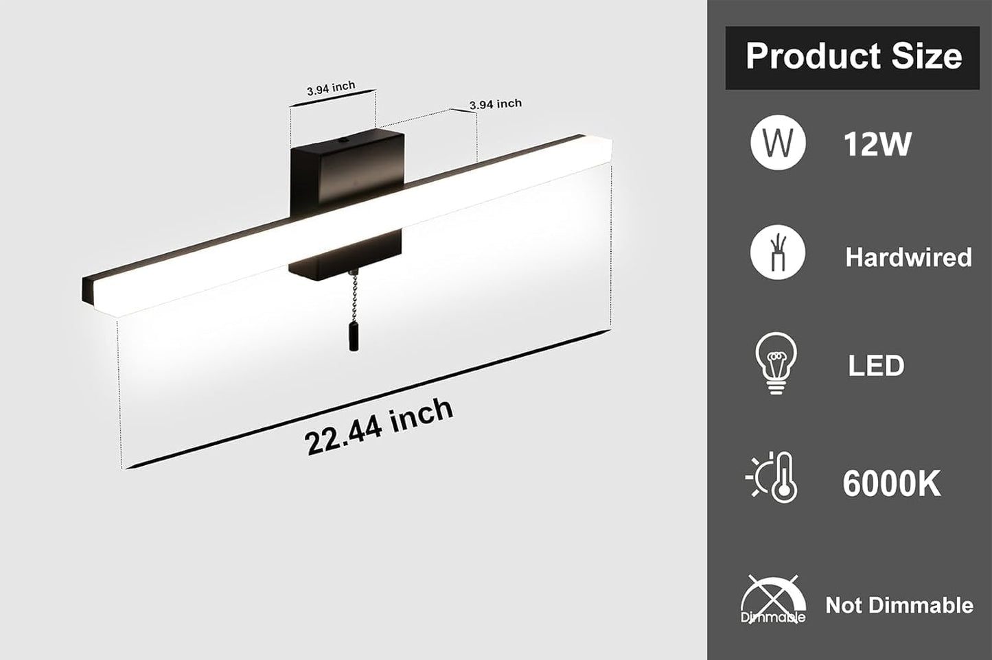 Black Modern Vanity Light Bar,23 inch Wall Lamp for Bathroom,Elegant Simple LED bar Light with 4000K,Pull Chain Switch on/Off