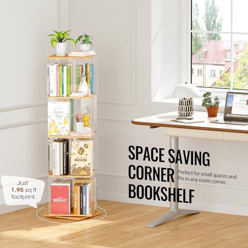 Rotating Bookshelf 4-Tier Spinning Bookcase - Natural Square Acrylic & Wood