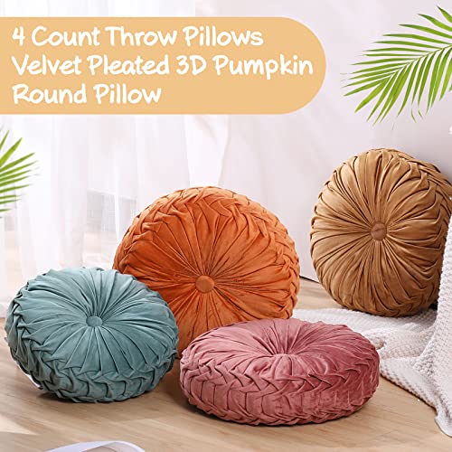 Kathfly Velvet Pleated Round Throw Pillows - Pumpkin Style, 4 Colors, 14x14 Inches - Orange, Yellow, Pink, Green