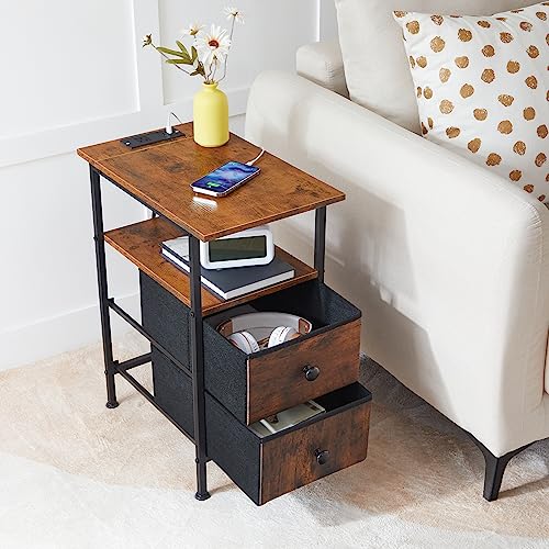 End Table with Charging Station Set of 2 - Rustic Brown and Black Nightstands with USB & Power Outlet
