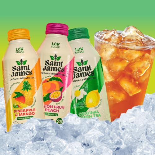 Organic Green Tea Variety Pack - Low Sugar, 16 Oz Bottles, 12 Pack - Includes Passionfruit, Peach & Pineapple Mango