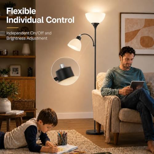 GERGO Matte Black Torchiere Floor Lamp with Remote & Adjustable Reading Light